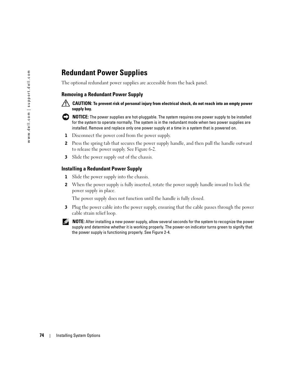 Redundant power supplies, Removing a redundant power supply, Installing a redundant power supply | Dell PowerEdge 1800 User Manual | Page 74 / 160