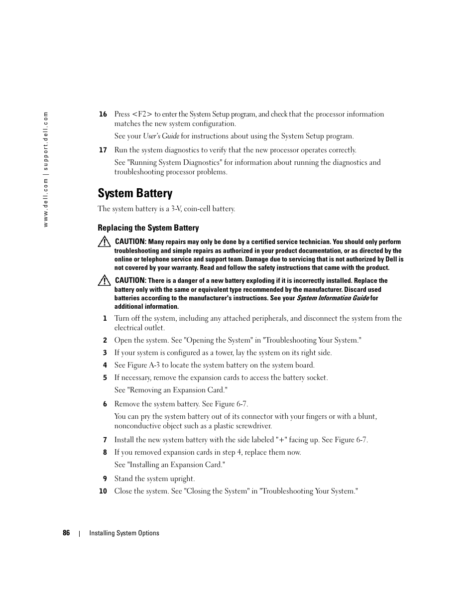 System battery, Replacing the system battery, Replacing the system battery" in | Dell PowerEdge 1800 User Manual | Page 86 / 160