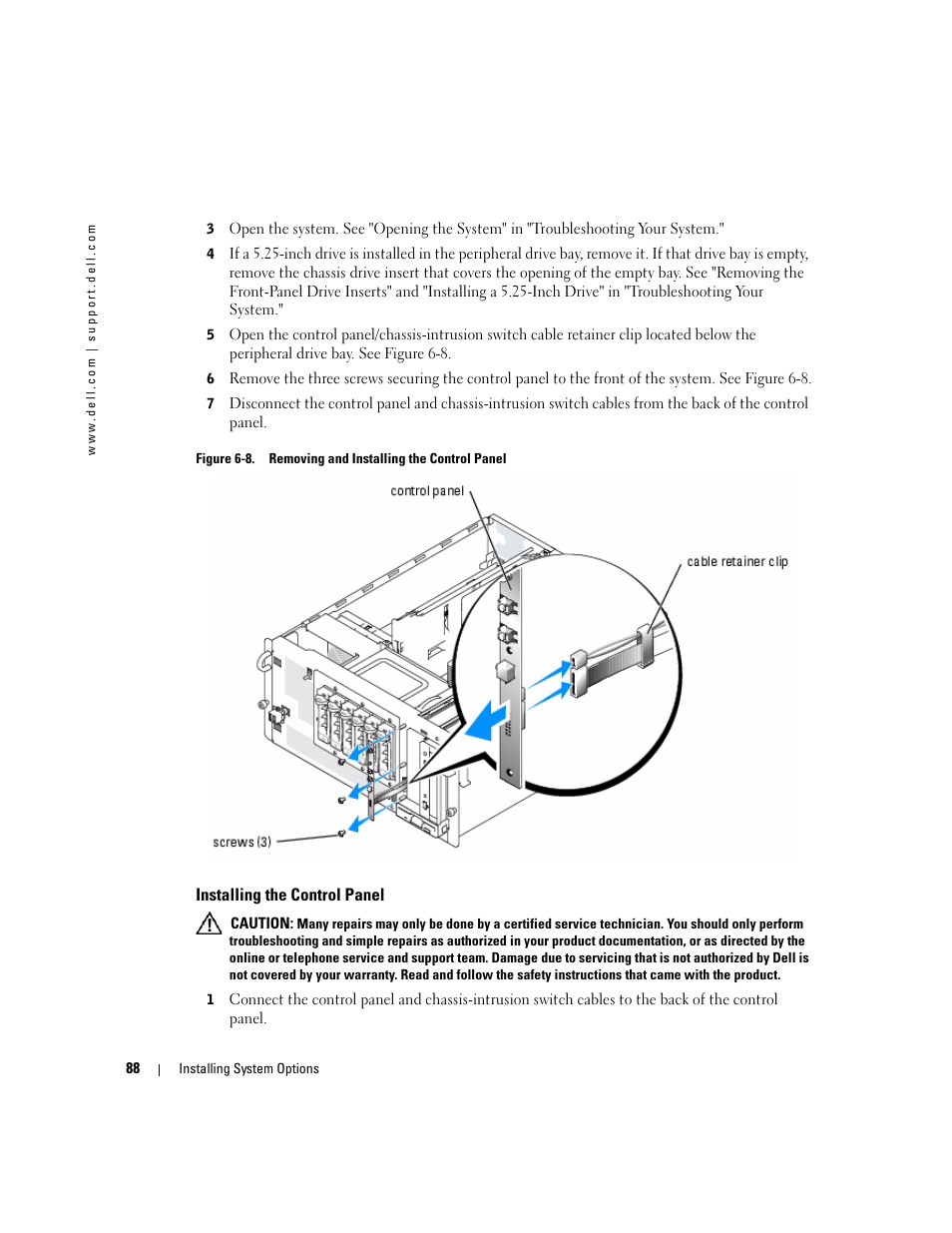 Installing the control panel | Dell PowerEdge 1800 User Manual | Page 88 / 160