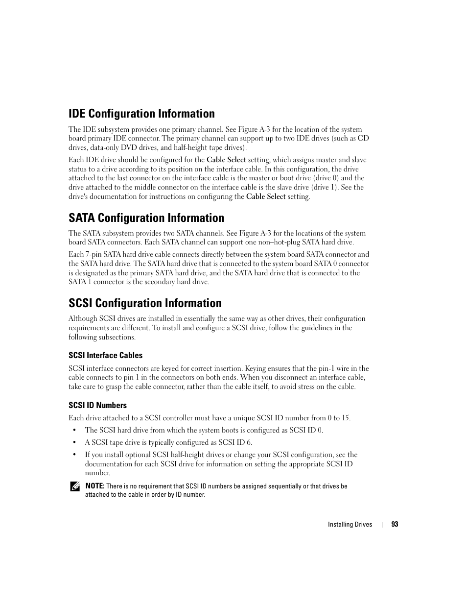 Ide configuration information, Sata configuration information, Scsi configuration information | Scsi interface cables, Scsi id numbers | Dell PowerEdge 1800 User Manual | Page 93 / 160