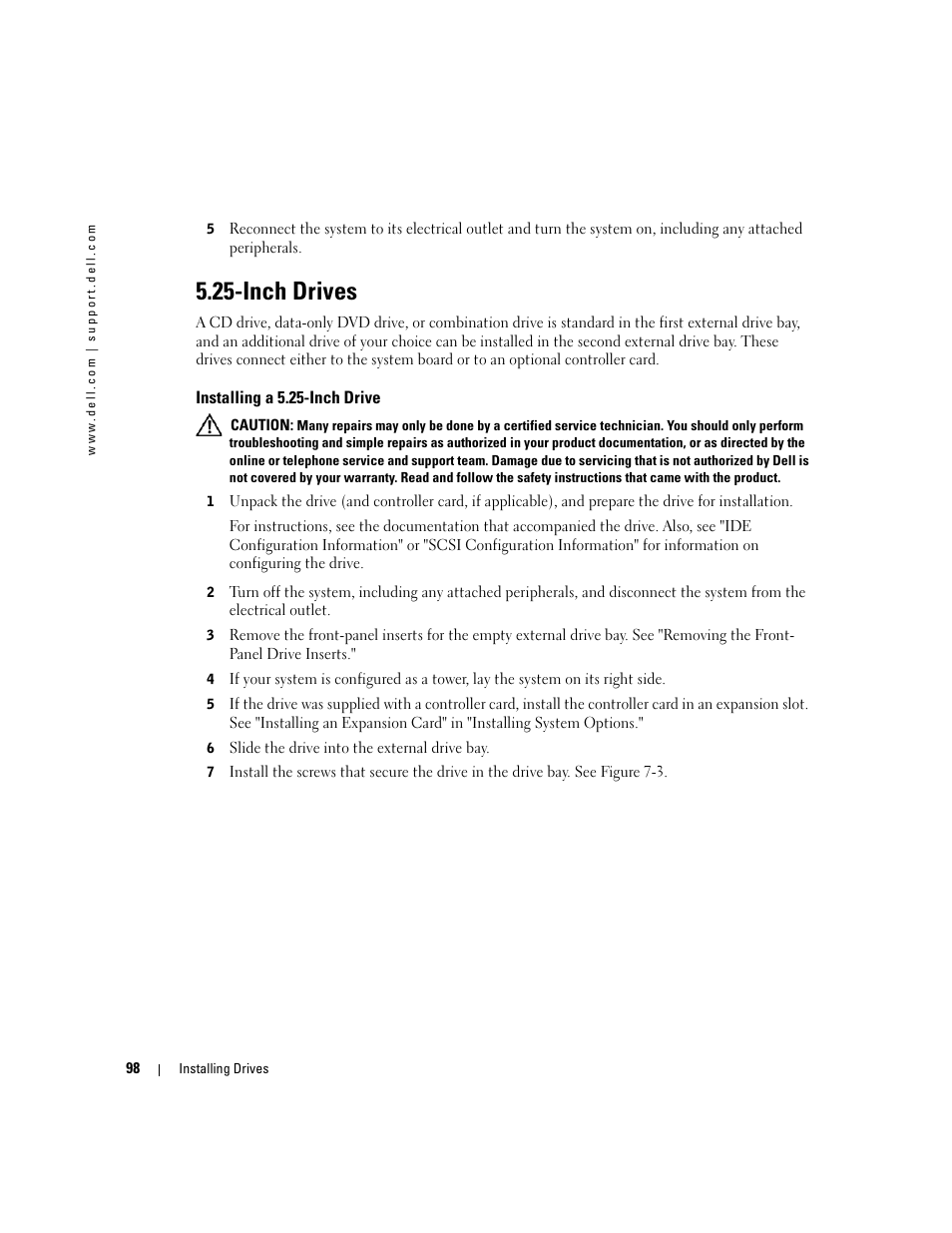 Inch drives, Installing a 5.25-inch drive, Inch drive" in "t | And "installing a 5.25-inch drive" in | Dell PowerEdge 1800 User Manual | Page 98 / 160