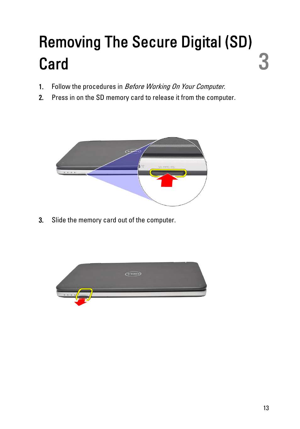 Removing the secure digital (sd) card, 3 removing the secure digital (sd) card | Dell Vostro 1550 (Mid 2011) User Manual | Page 13 / 86