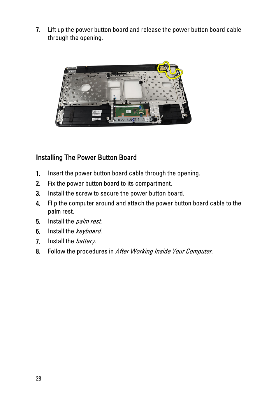 Installing the power button board | Dell Vostro 1550 (Mid 2011) User Manual | Page 28 / 86
