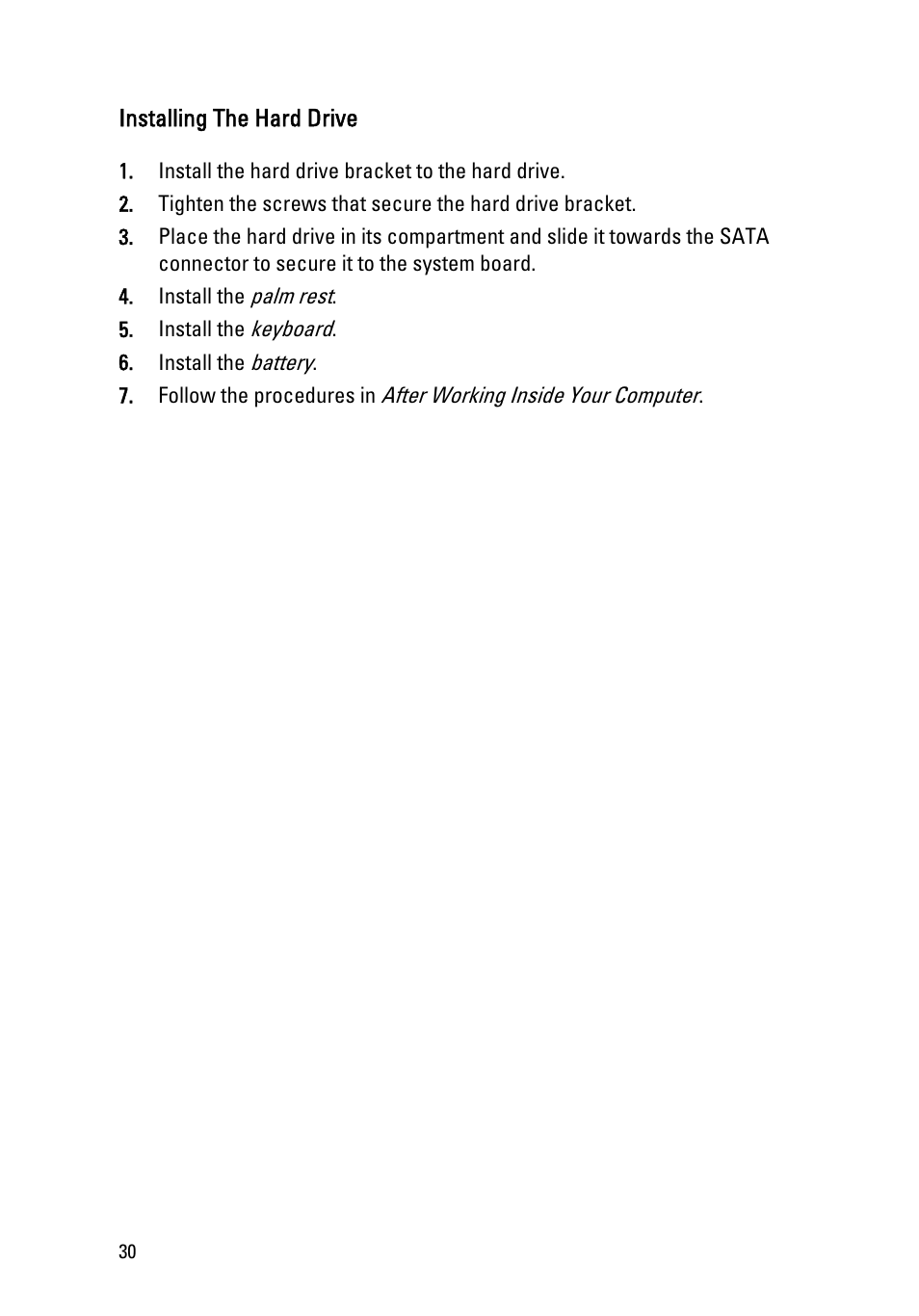 Installing the hard drive | Dell Vostro 1550 (Mid 2011) User Manual | Page 30 / 86