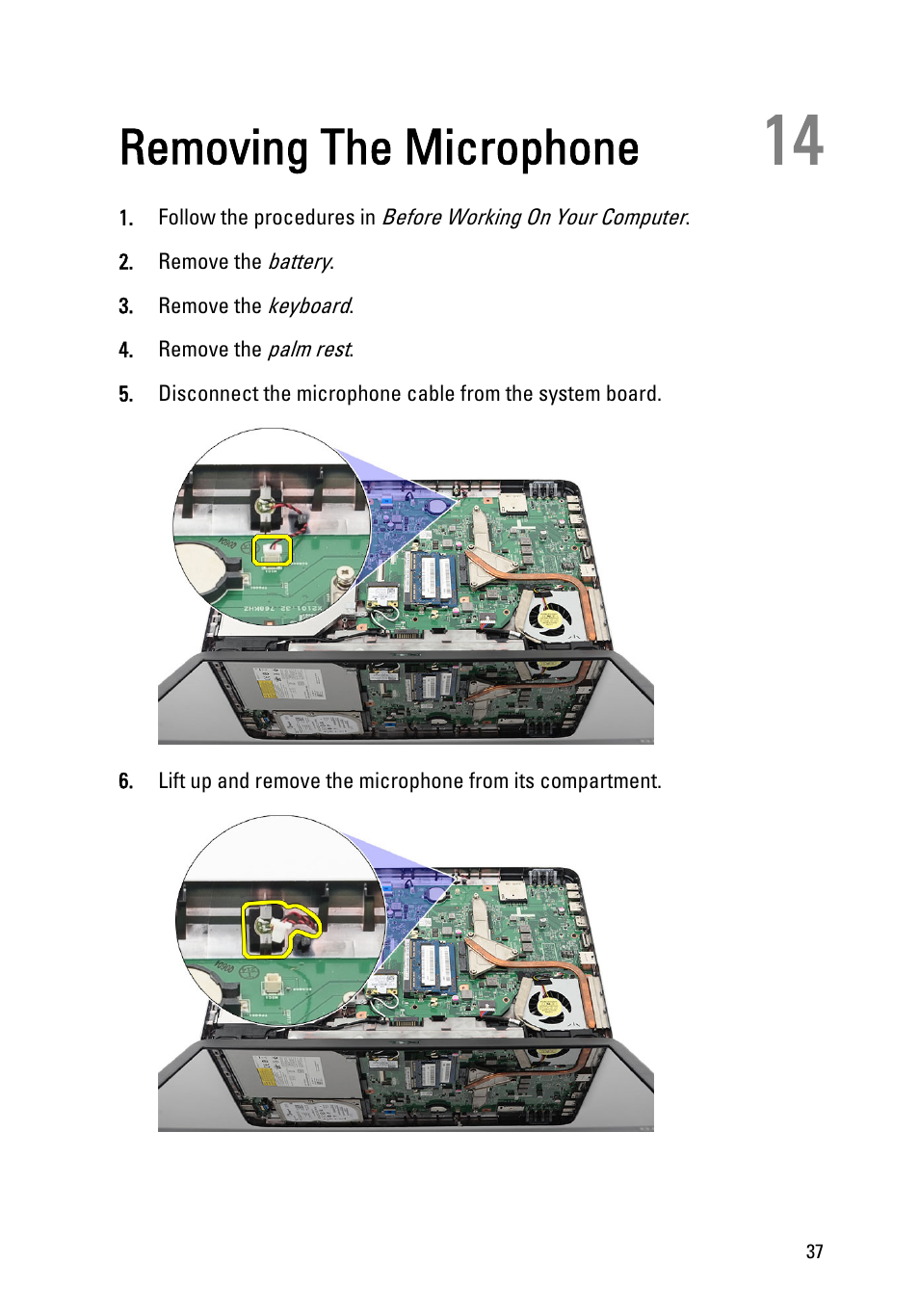 Removing the microphone, 14 removing the microphone | Dell Vostro 1550 (Mid 2011) User Manual | Page 37 / 86