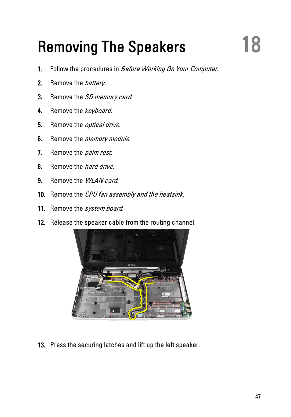 Removing the speakers, 18 removing the speakers | Dell Vostro 1550 (Mid 2011) User Manual | Page 47 / 86