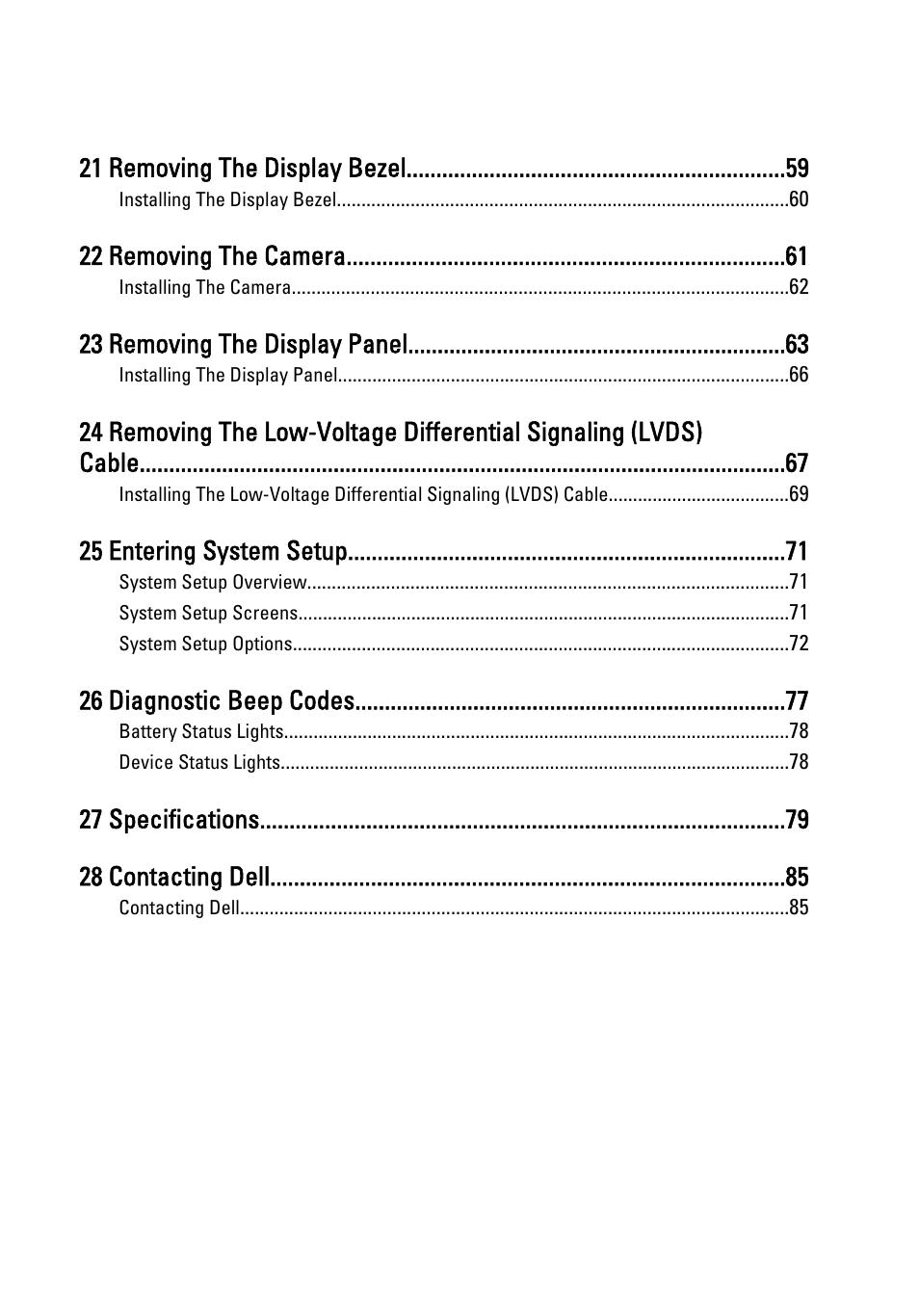 21 removing the display bezel, 22 removing the camera, 23 removing the display panel | 25 entering system setup, 26 diagnostic beep codes, 27 specifications 28 contacting dell | Dell Vostro 1550 (Mid 2011) User Manual | Page 5 / 86