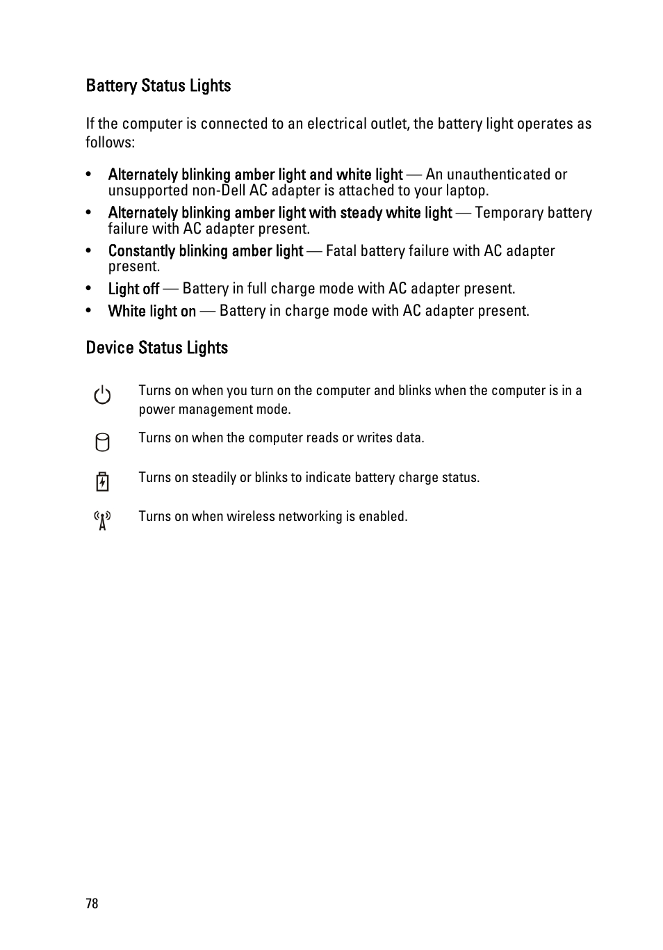 Battery status lights, Device status lights | Dell Vostro 1550 (Mid 2011) User Manual | Page 78 / 86