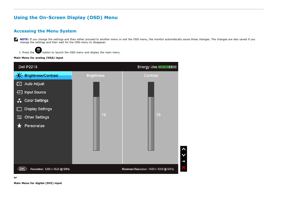 Using the on-screen display (osd) menu, Accessing the menu system | Dell P1913s Monitor User Manual | Page 31 / 59