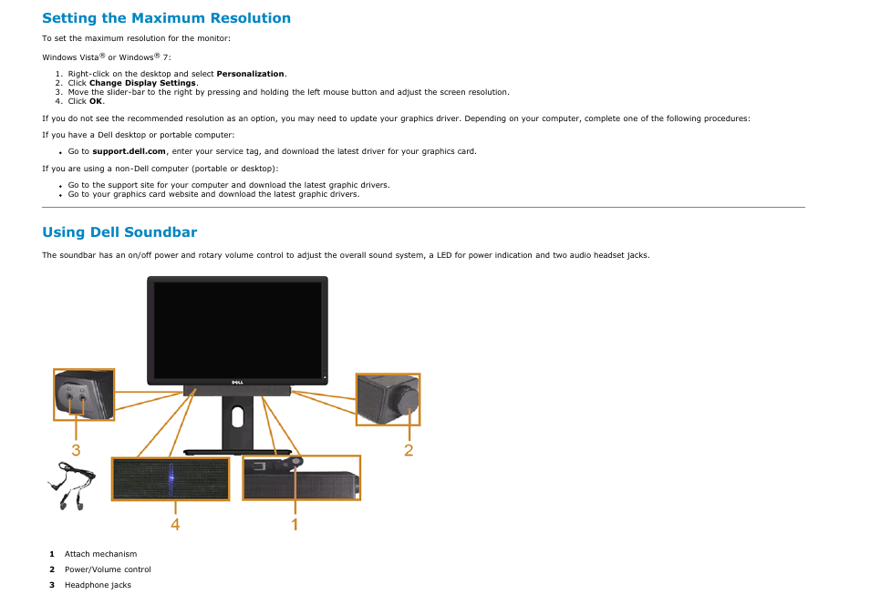 Setting the maximum resolution, Using dell soundbar | Dell P1913s Monitor User Manual | Page 47 / 59