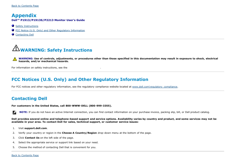 Dell p1913/p1913s/p2213 monitor user's guide, Appendix, Contact dell | Safety instructions, Warning: safety instructions, Contacting dell | Dell P1913s Monitor User Manual | Page 56 / 59