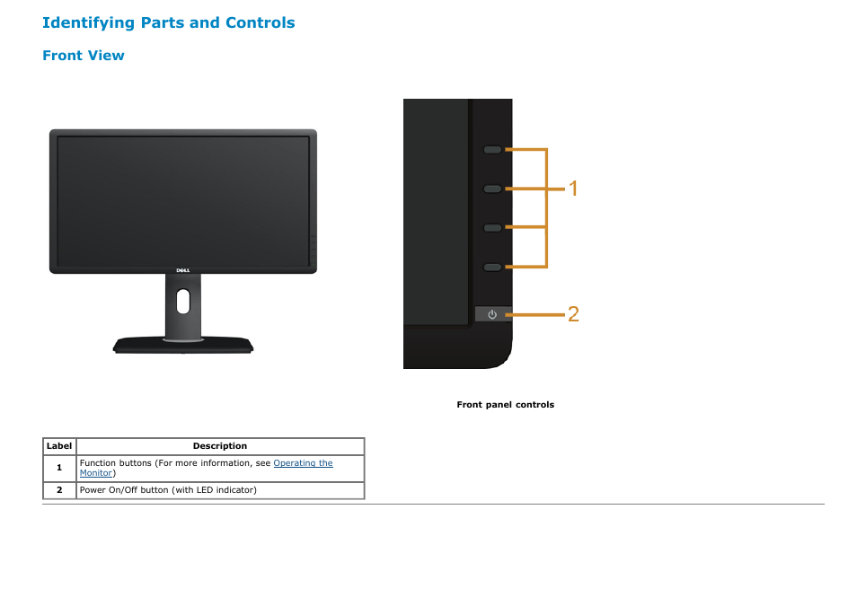 Identifying parts and controls, Front view | Dell P1913s Monitor User Manual | Page 6 / 59