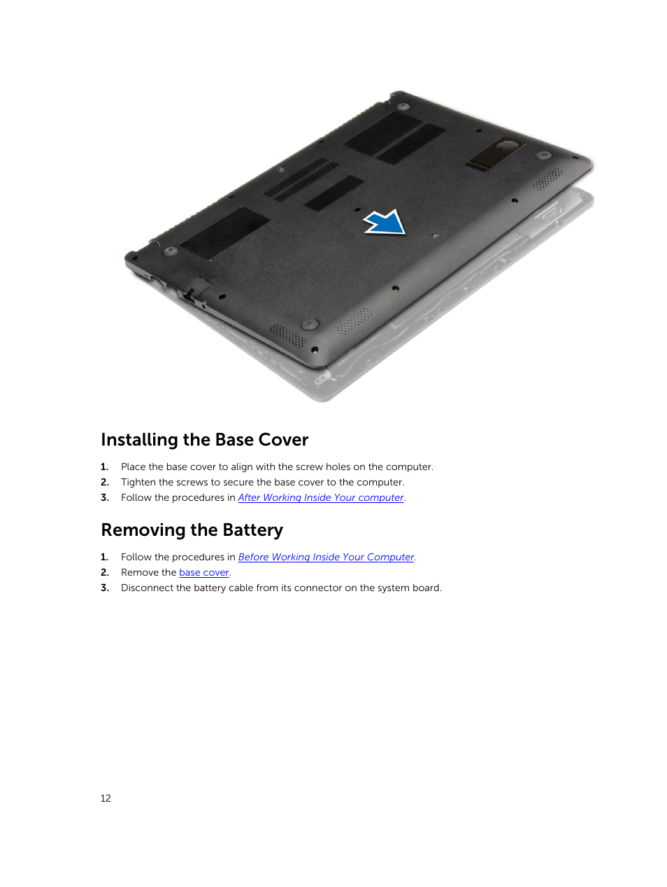 Installing the base cover, Removing the battery | Dell Vostro 14 (5480, Late 2014) User Manual | Page 12 / 45