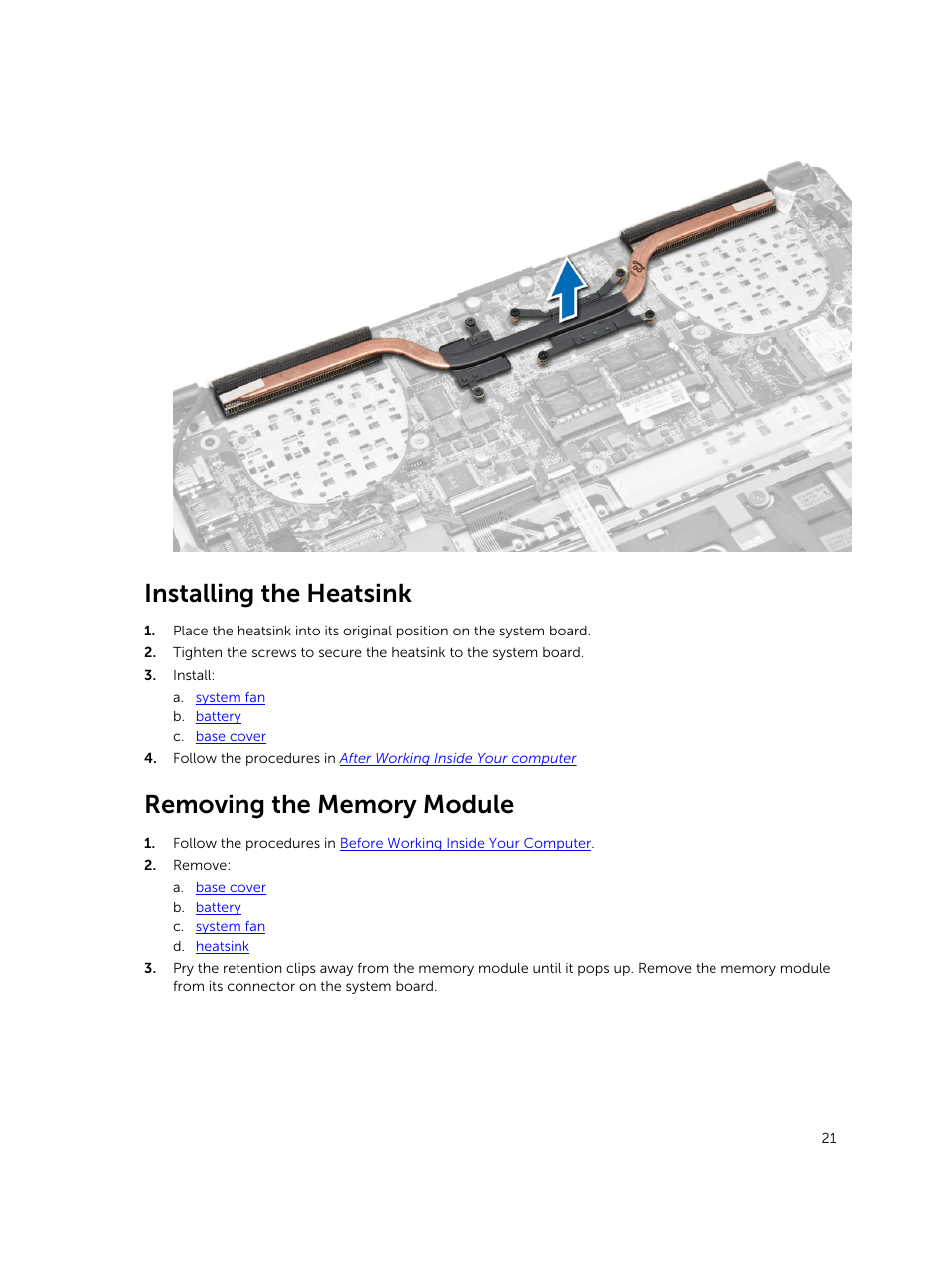 Installing the heatsink, Removing the memory module | Dell Vostro 14 (5480, Late 2014) User Manual | Page 21 / 45