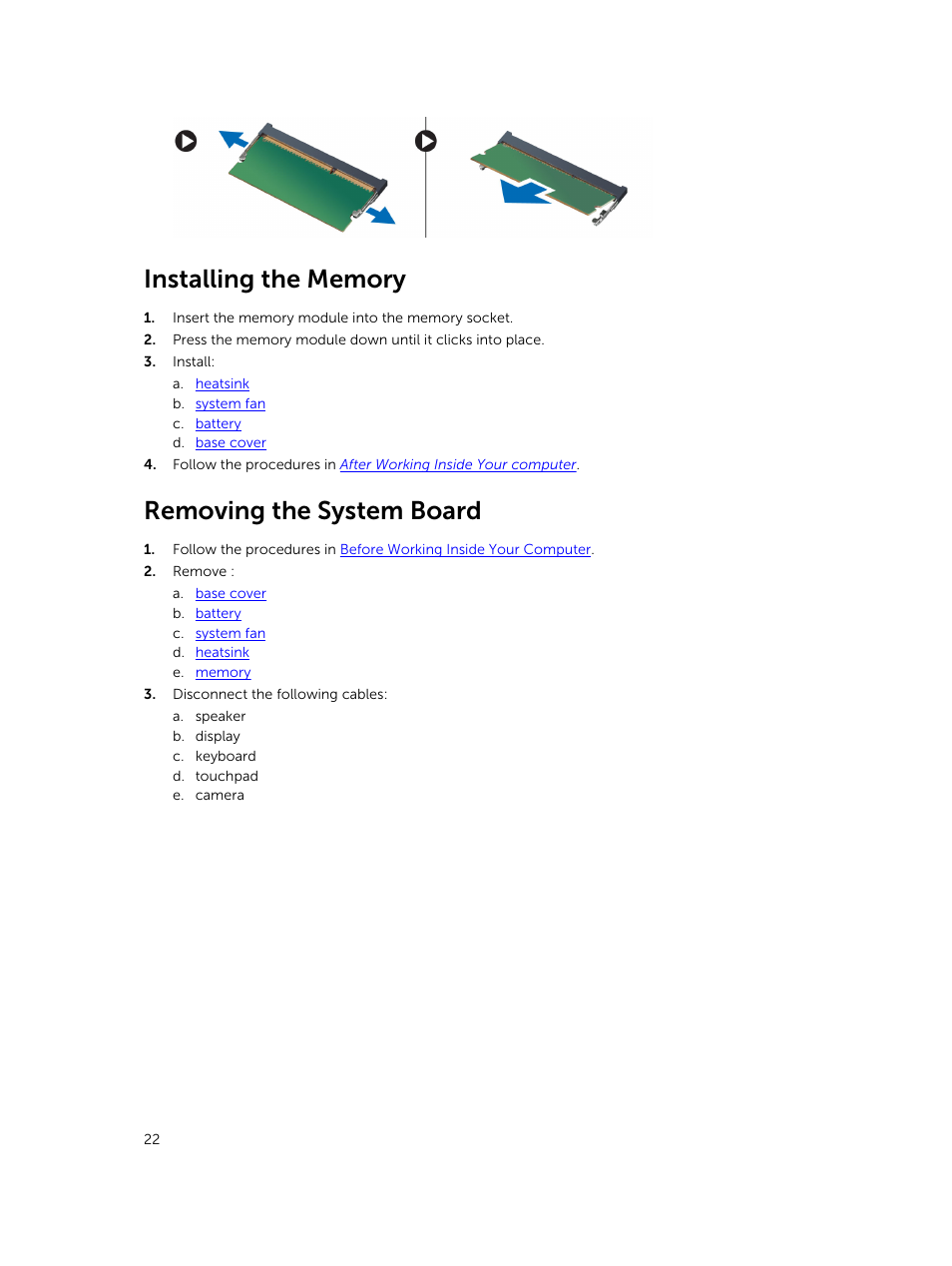 Installing the memory, Removing the system board | Dell Vostro 14 (5480, Late 2014) User Manual | Page 22 / 45