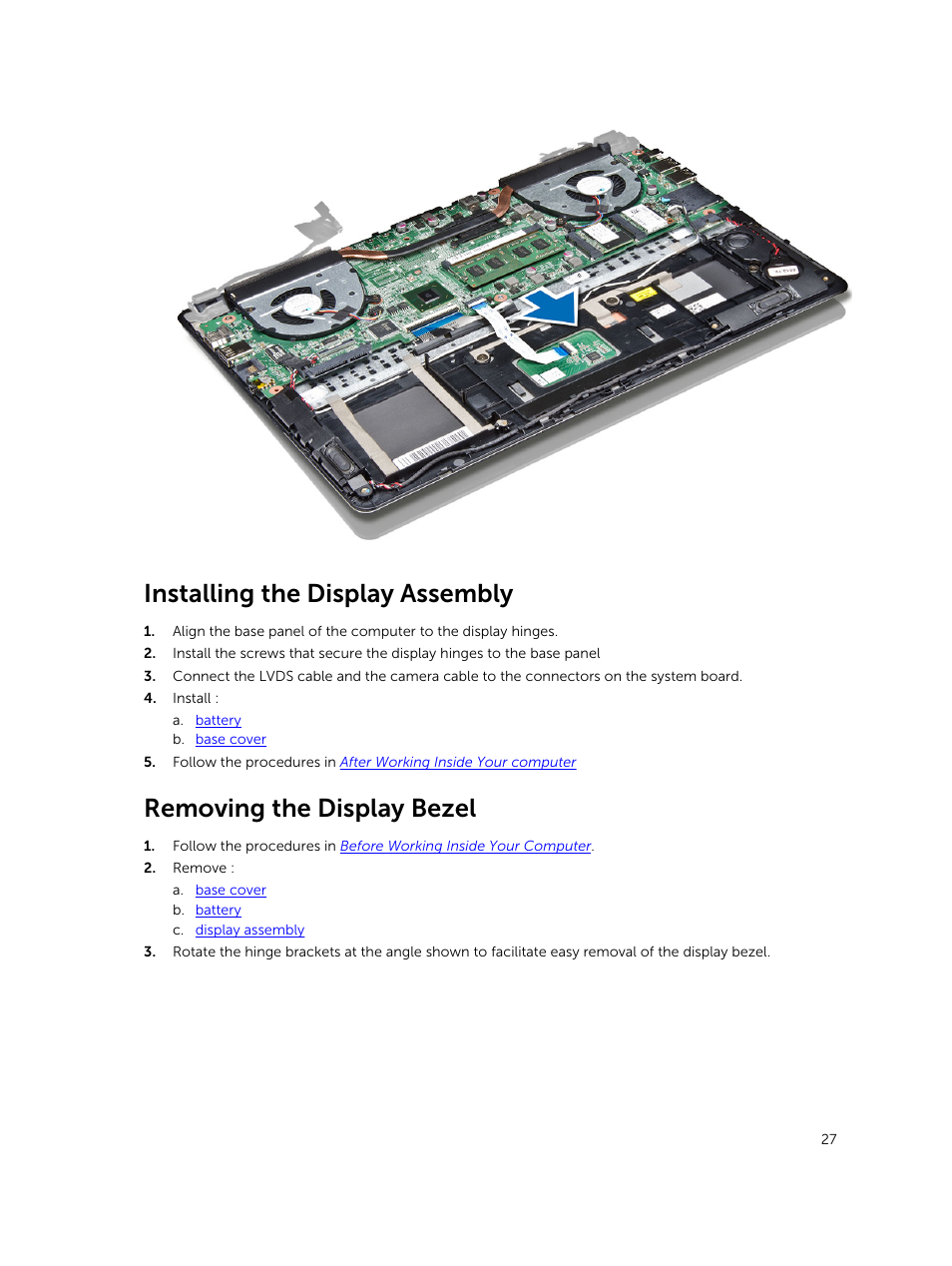 Installing the display assembly, Removing the display bezel | Dell Vostro 14 (5480, Late 2014) User Manual | Page 27 / 45