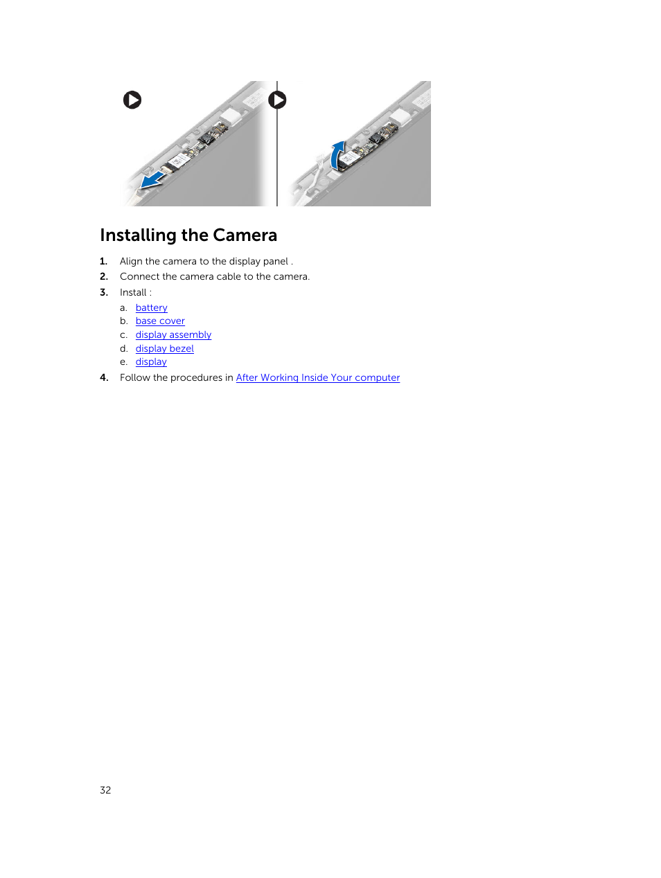 Installing the camera | Dell Vostro 14 (5480, Late 2014) User Manual | Page 32 / 45