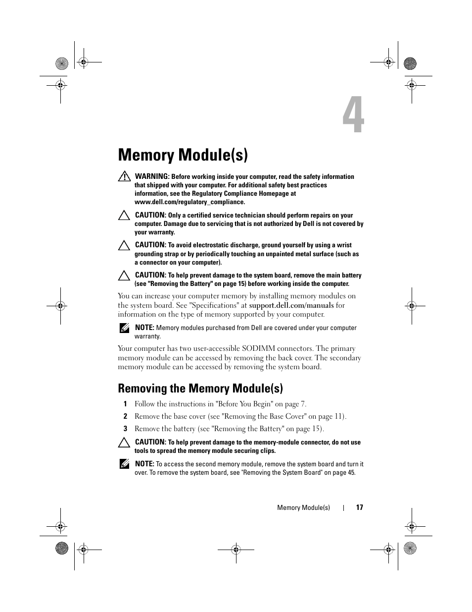 Memory module(s), Removing the memory module(s) | Dell XPS 14Z (L412Z, Late 2011) User Manual | Page 17 / 74