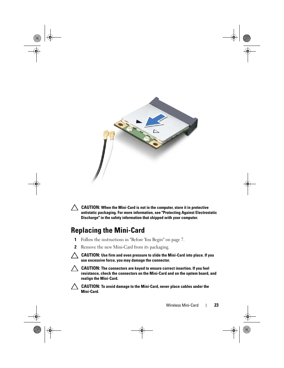 Replacing the mini-card, 2 remove the new mini-card from its packaging | Dell XPS 14Z (L412Z, Late 2011) User Manual | Page 23 / 74