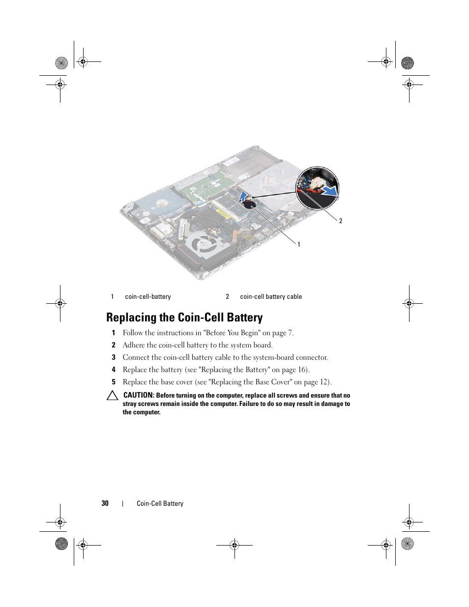Replacing the coin-cell battery, 2 adhere the coin-cell battery to the system board | Dell XPS 14Z (L412Z, Late 2011) User Manual | Page 30 / 74