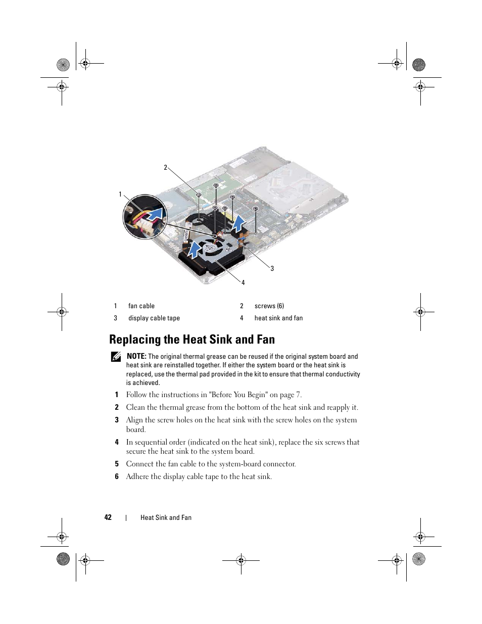 Replacing the heat sink and fan, 6 adhere the display cable tape to the heat sink | Dell XPS 14Z (L412Z, Late 2011) User Manual | Page 42 / 74