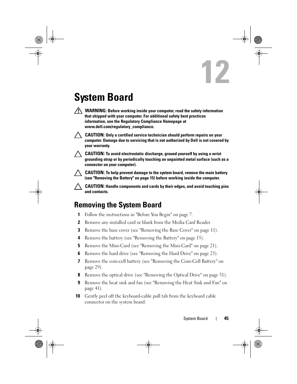 System board, Removing the system board | Dell XPS 14Z (L412Z, Late 2011) User Manual | Page 45 / 74