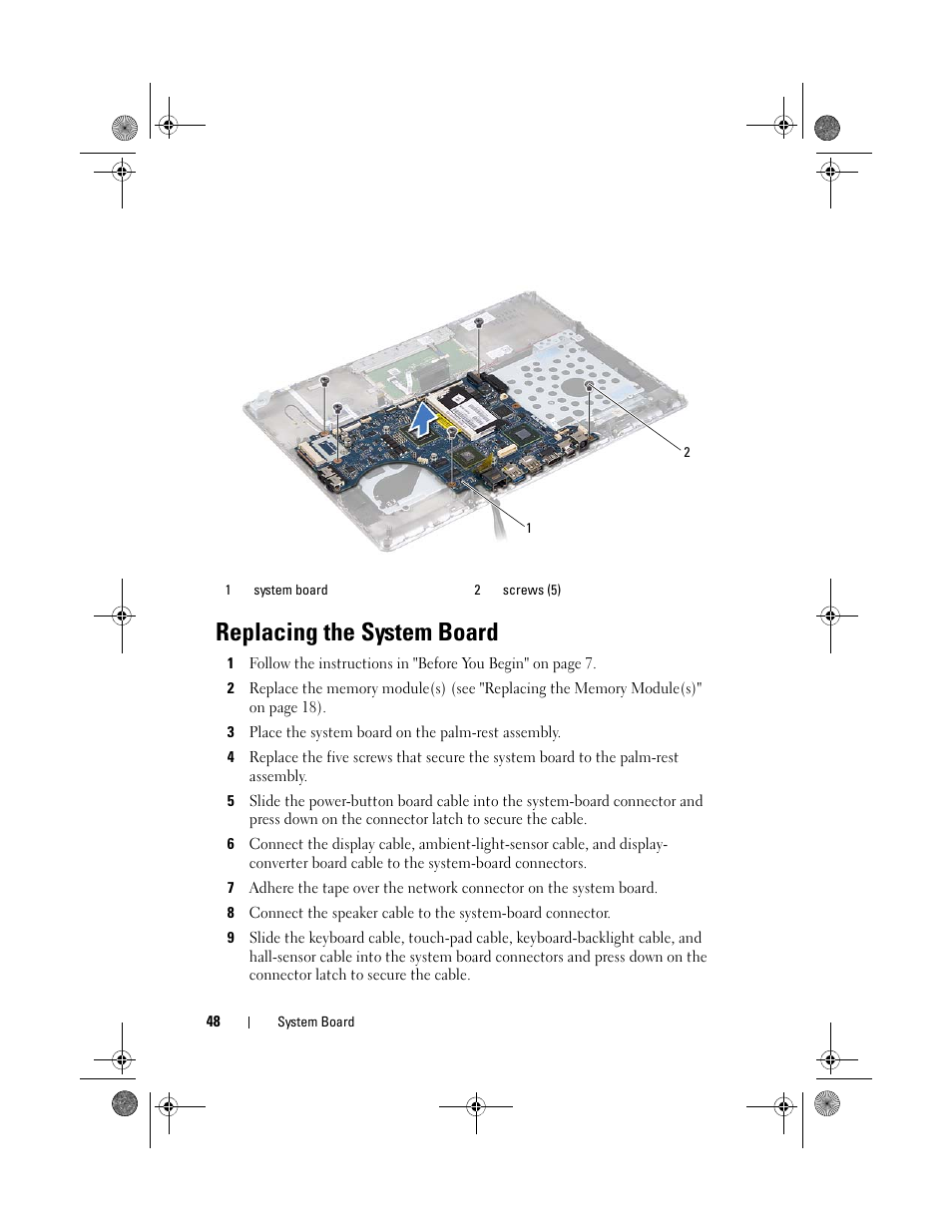 Replacing the system board, 3 place the system board on the palm-rest assembly, See "replacing the system board" on | Dell XPS 14Z (L412Z, Late 2011) User Manual | Page 48 / 74