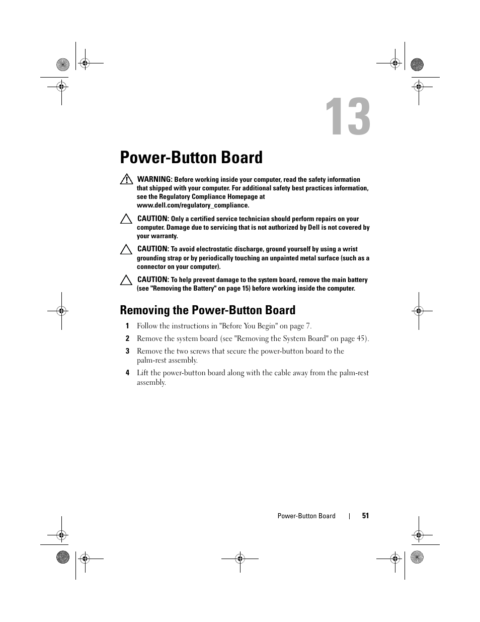 Power-button board, Removing the power-button board | Dell XPS 14Z (L412Z, Late 2011) User Manual | Page 51 / 74