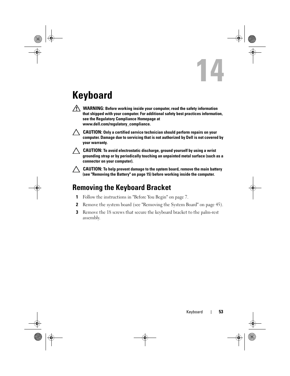 Keyboard, Removing the keyboard bracket | Dell XPS 14Z (L412Z, Late 2011) User Manual | Page 53 / 74