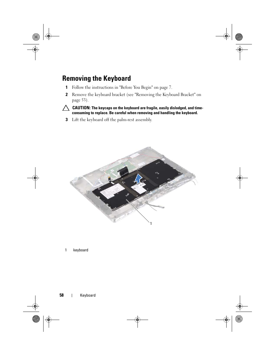 Removing the keyboard, 3 lift the keyboard off the palm-rest assembly | Dell XPS 14Z (L412Z, Late 2011) User Manual | Page 58 / 74