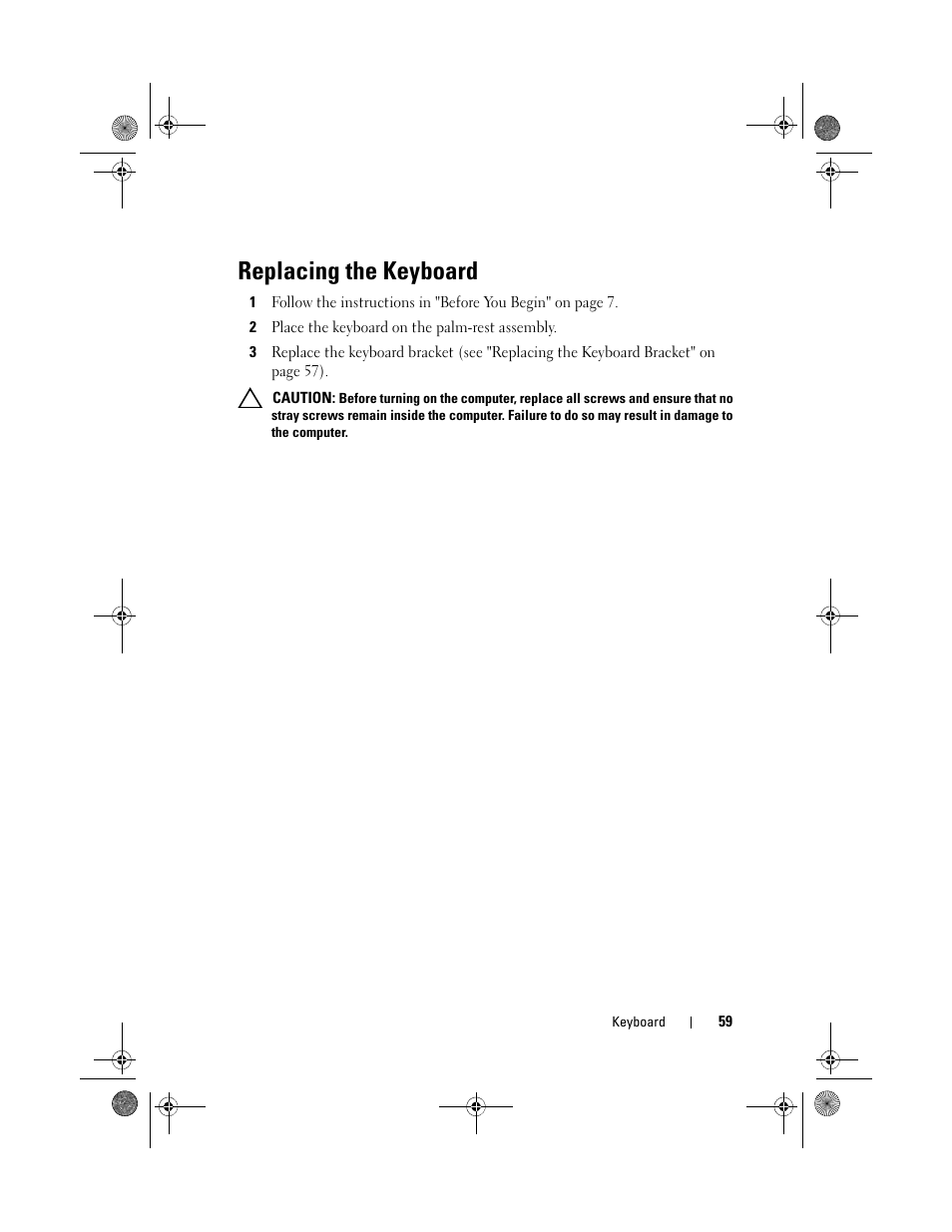 Replacing the keyboard, 2 place the keyboard on the palm-rest assembly | Dell XPS 14Z (L412Z, Late 2011) User Manual | Page 59 / 74