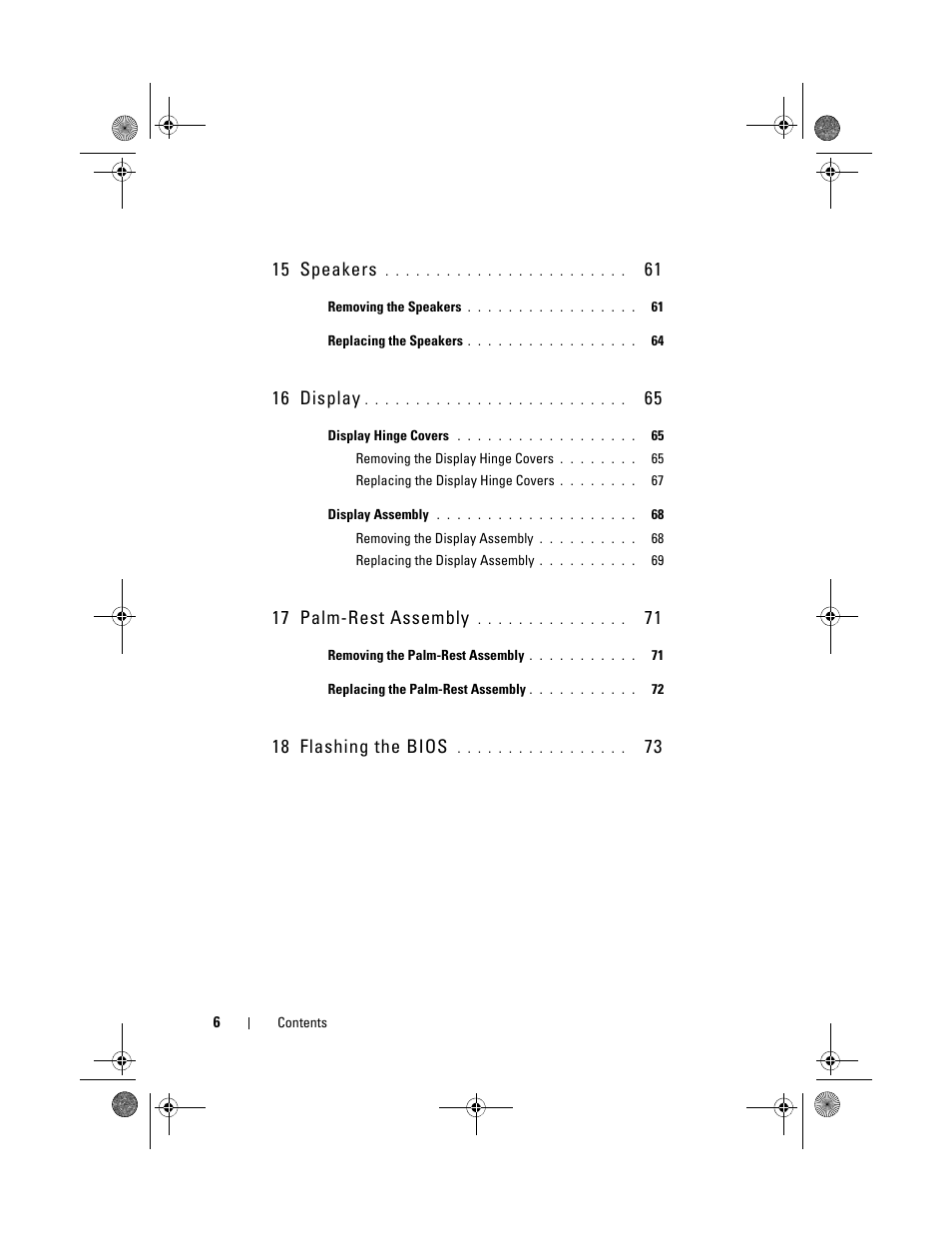 15 speakers, 16 display, 17 palm-rest assembly | 18 flashing the bios | Dell XPS 14Z (L412Z, Late 2011) User Manual | Page 6 / 74