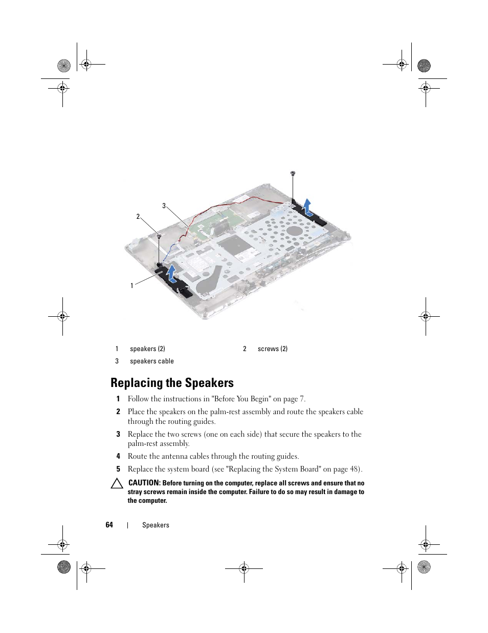 Replacing the speakers | Dell XPS 14Z (L412Z, Late 2011) User Manual | Page 64 / 74