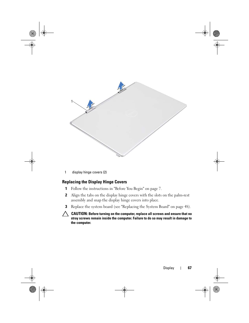 Replacing the display hinge covers | Dell XPS 14Z (L412Z, Late 2011) User Manual | Page 67 / 74