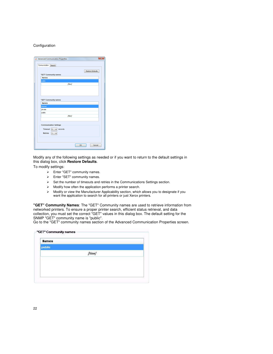 To modify settings, Enter "get" community names, Enter "set" community names | Dell Print Page Services User Manual | Page 26 / 92