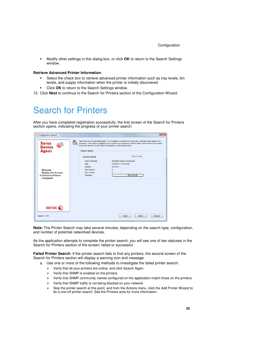 Click ok to return to the search settings window, Search for printers, Verify that snmp is enabled on the printers | Dell Print Page Services User Manual | Page 29 / 92