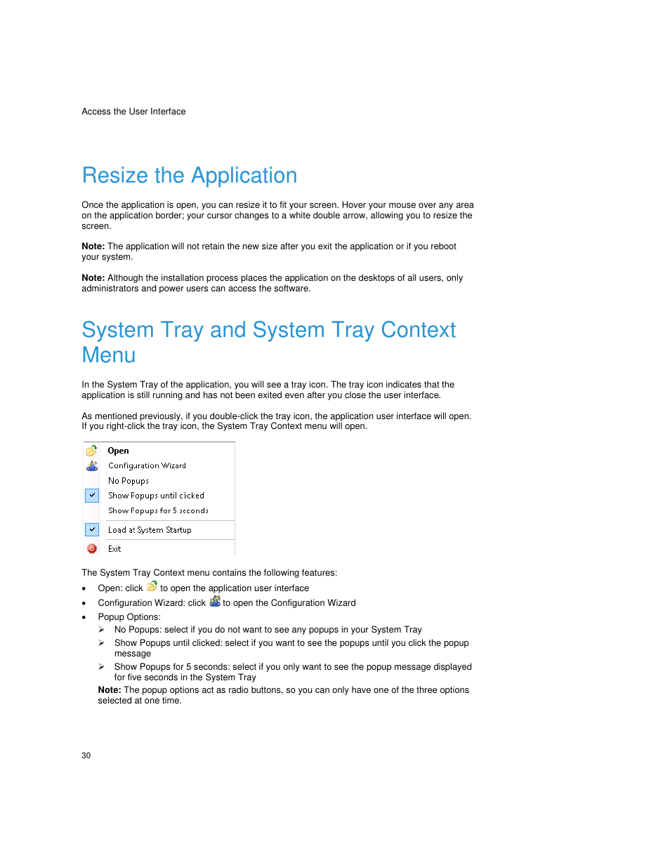 Resize the application, System tray and system tray context menu, Open: click to open the application user interface | Popup options | Dell Print Page Services User Manual | Page 34 / 92