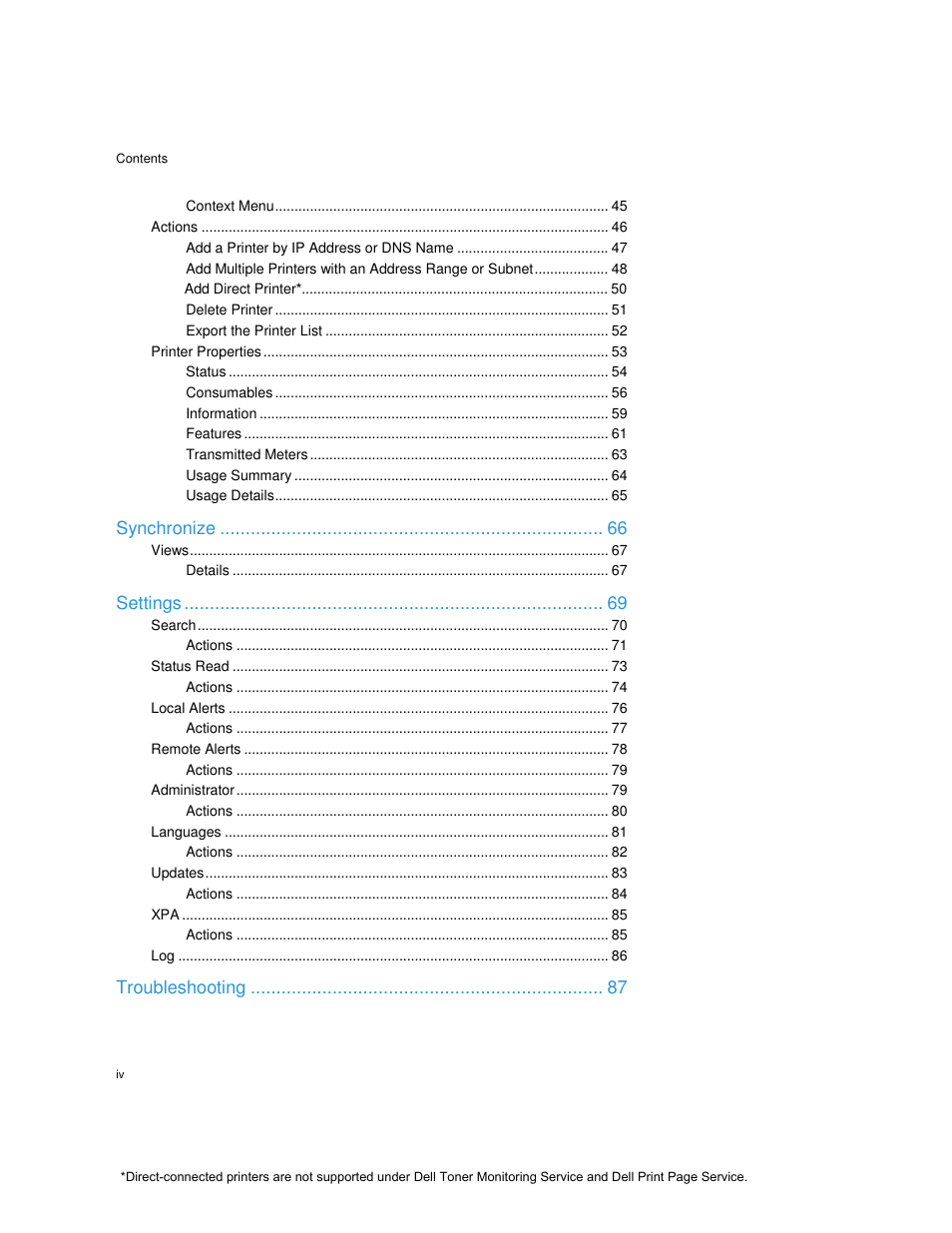 Synchronize, Settings, Troubleshooting | Dell Print Page Services User Manual | Page 4 / 92