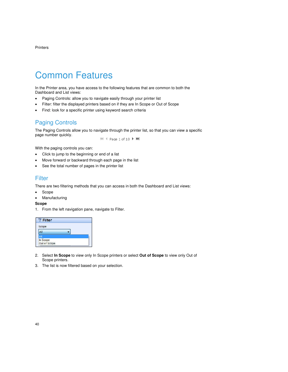 Common features, Paging controls, Click to jump to the beginning or end of a list | Filter, Scope, Manufacturing, From the left navigation pane, navigate to filter, The list is now filtered based on your selection | Dell Print Page Services User Manual | Page 44 / 92