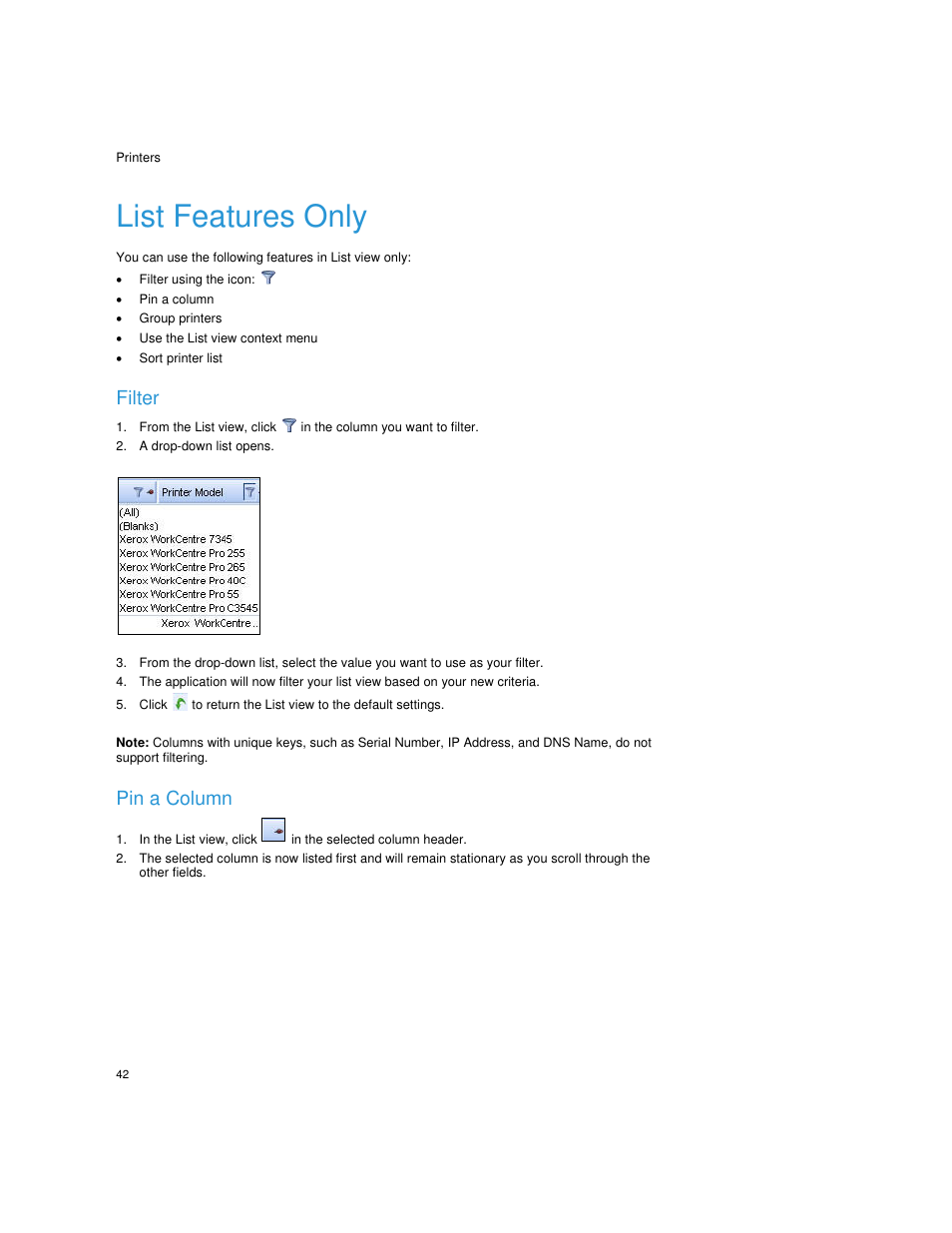 List features only, Filter using the icon, Pin a column | Group printers, Use the list view context menu, Sort printer list, Filter, A drop-down list opens | Dell Print Page Services User Manual | Page 46 / 92