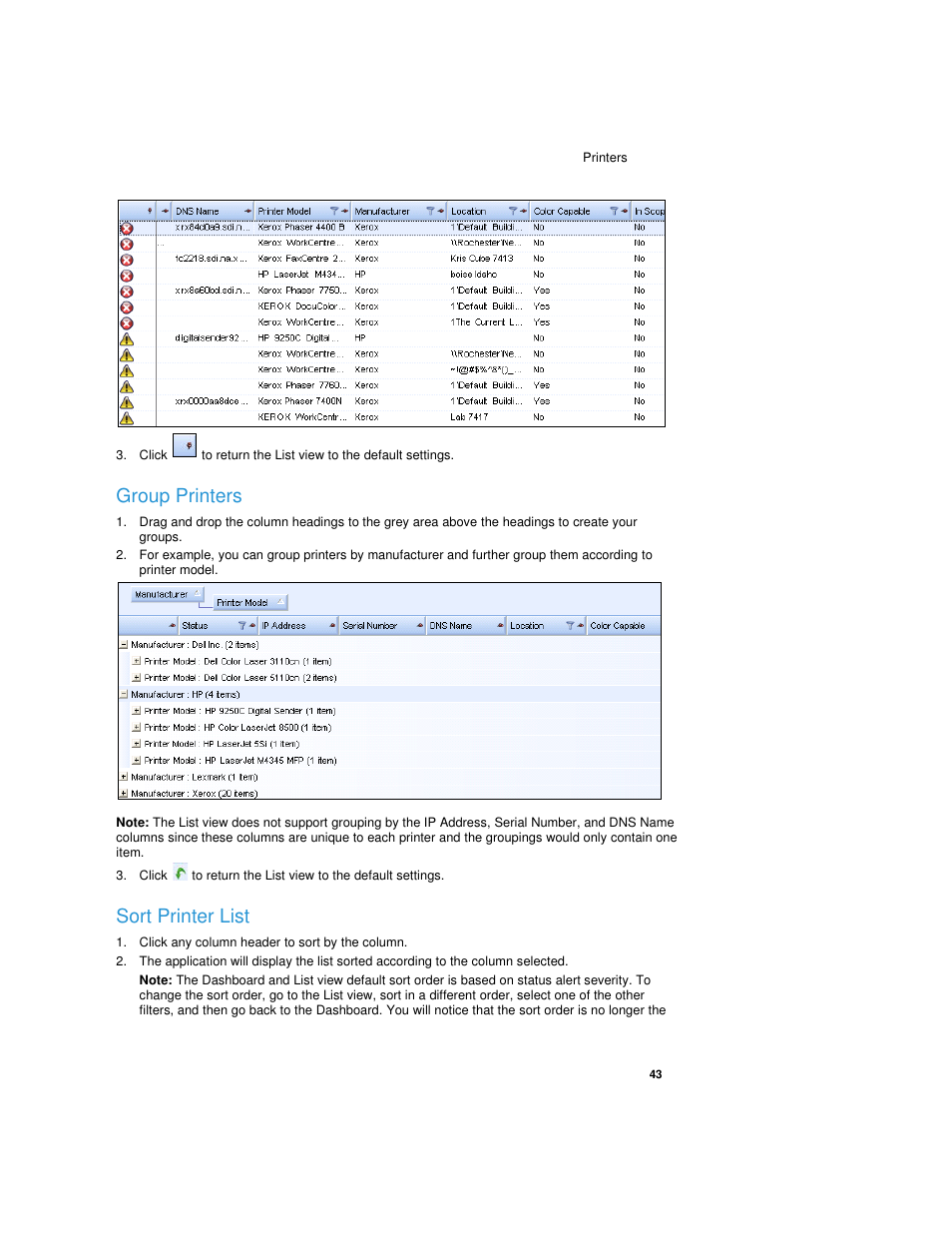 Group printers, Sort printer list, Click any column header to sort by the column | Dell Print Page Services User Manual | Page 47 / 92