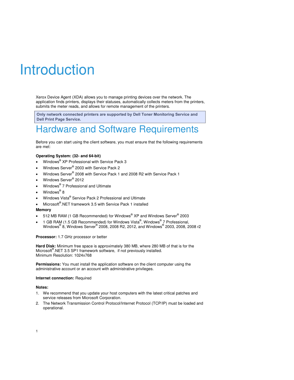 Introduction, Hardware and software requirements, Windowsp®p xp professional with service pack 3 | Windows serverp®p 2003 with service pack 2, Windows serverp®p 2012, Windowsp®p 7 professional and ultimate, Windowsp®p 8 | Dell Print Page Services User Manual | Page 5 / 92