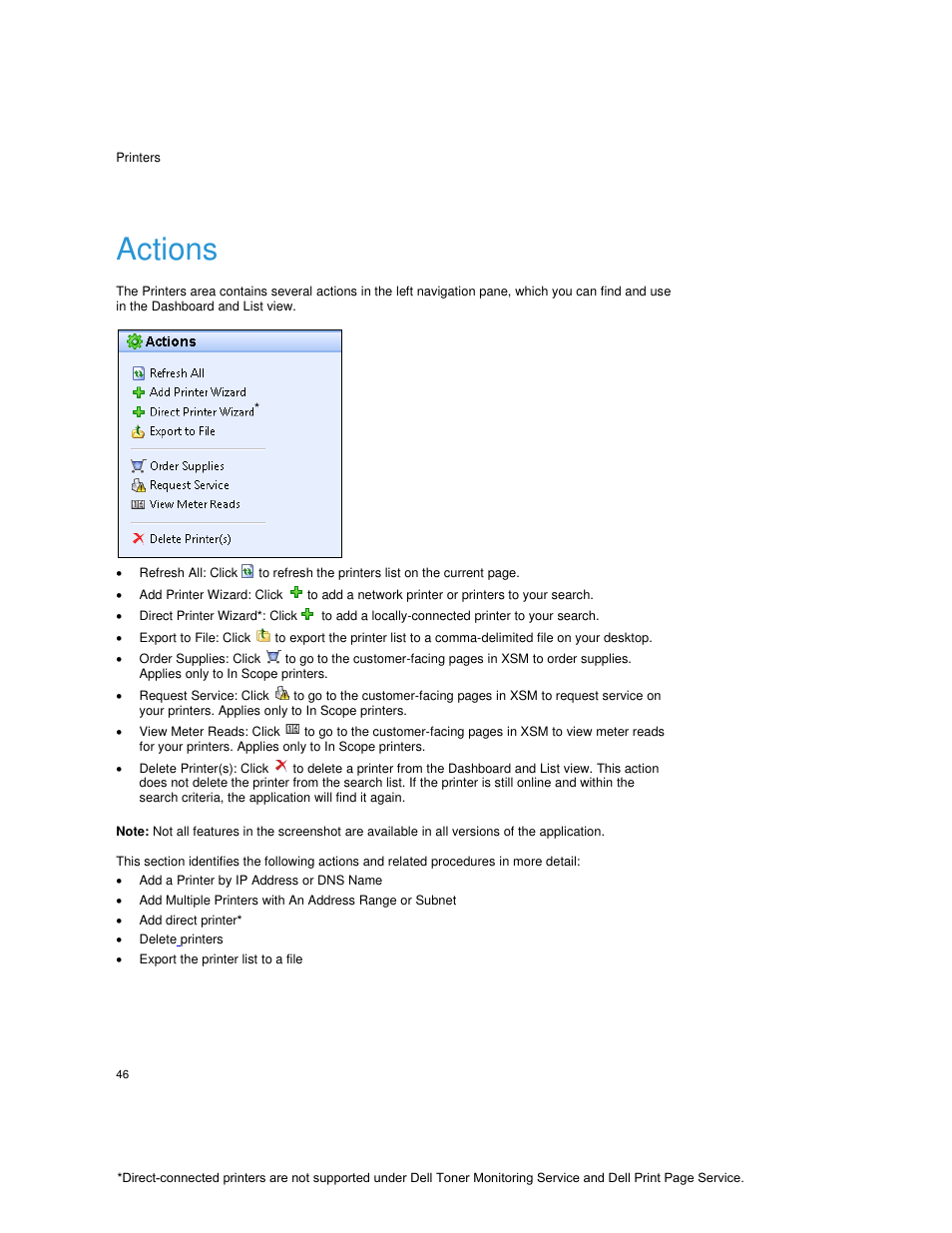 Actions, Add a printer by ip address or dns name, Add direct printer | Delete printers, Export the printer list to a file | Dell Print Page Services User Manual | Page 50 / 92