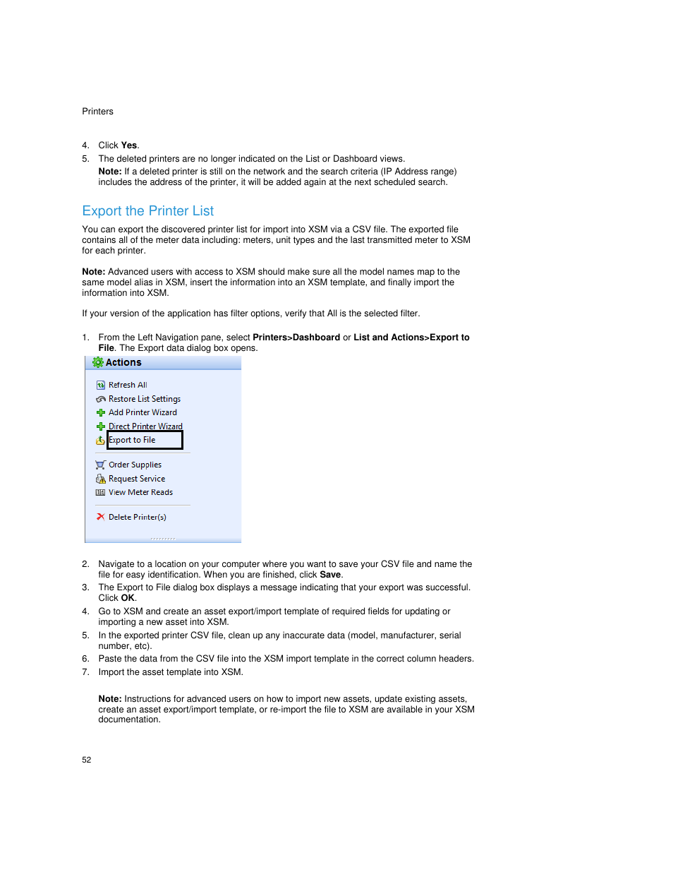 Click yes, Export the printer list, Import the asset template into xsm | Dell Print Page Services User Manual | Page 56 / 92