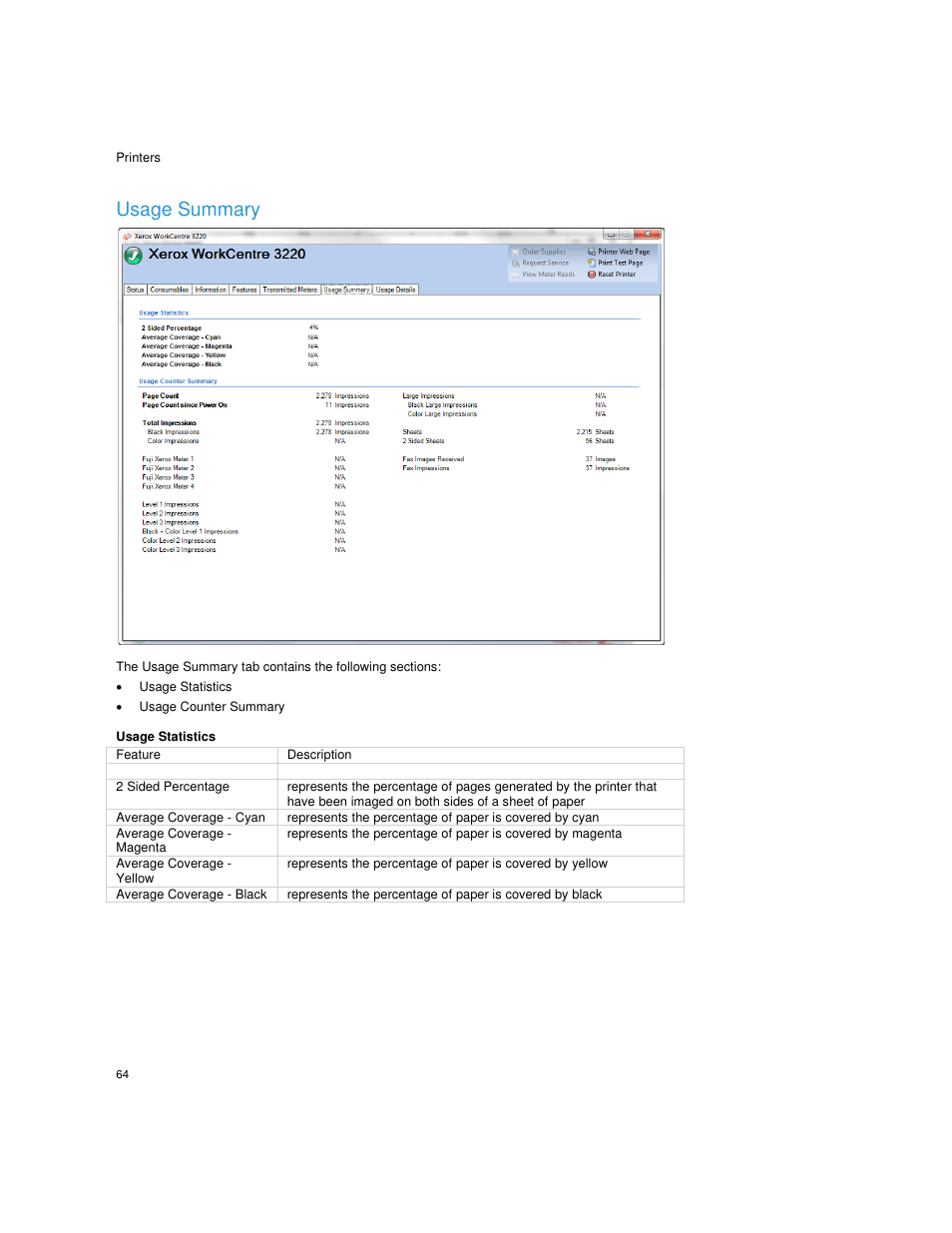 Usage statistics, Usage counter summary, Usage summary | Dell Print Page Services User Manual | Page 68 / 92