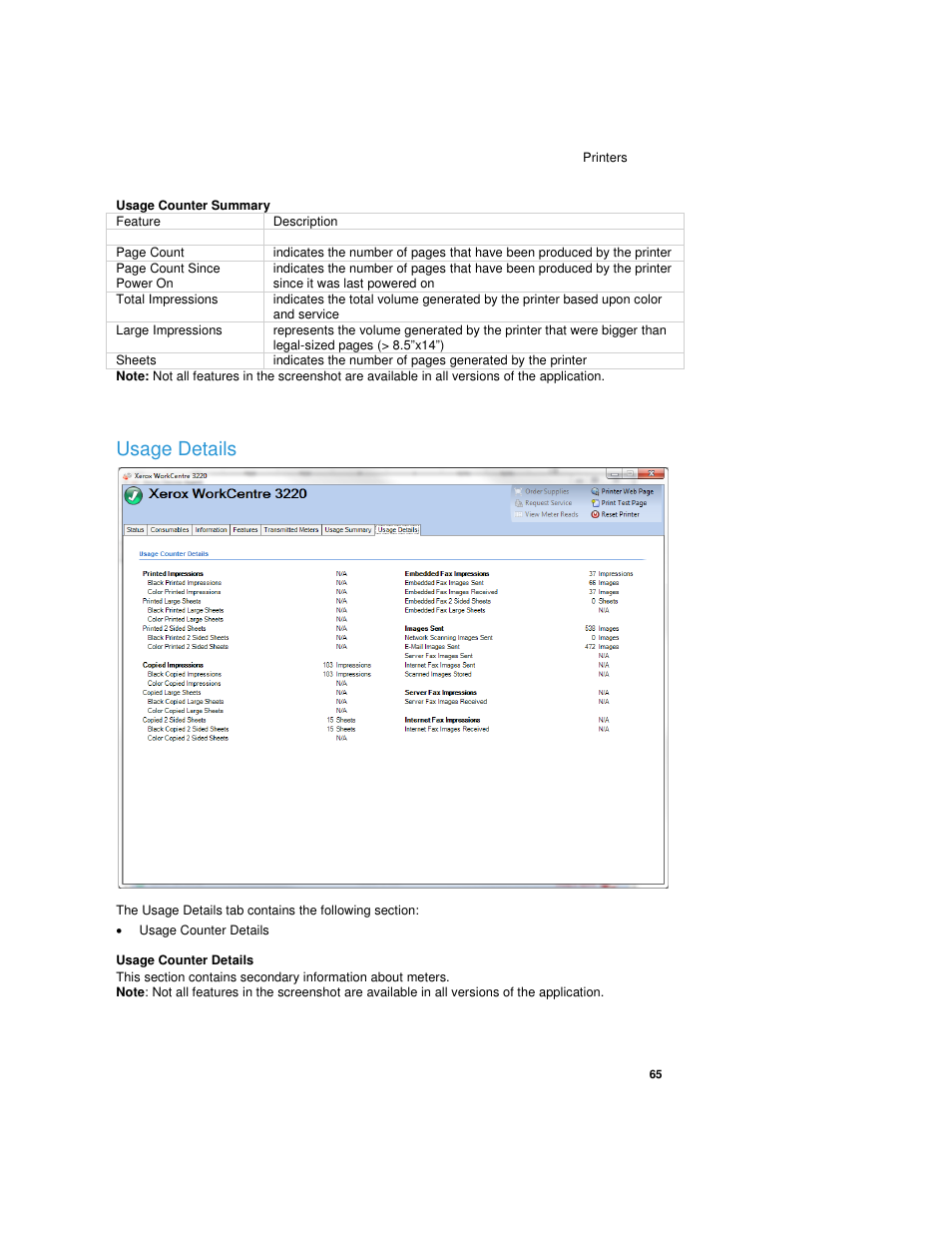 Usage details, Usage counter details | Dell Print Page Services User Manual | Page 69 / 92