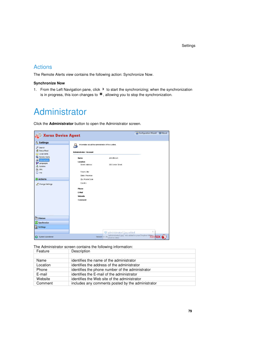 Actions, Synchronize now, Administrator | Dell Print Page Services User Manual | Page 83 / 92