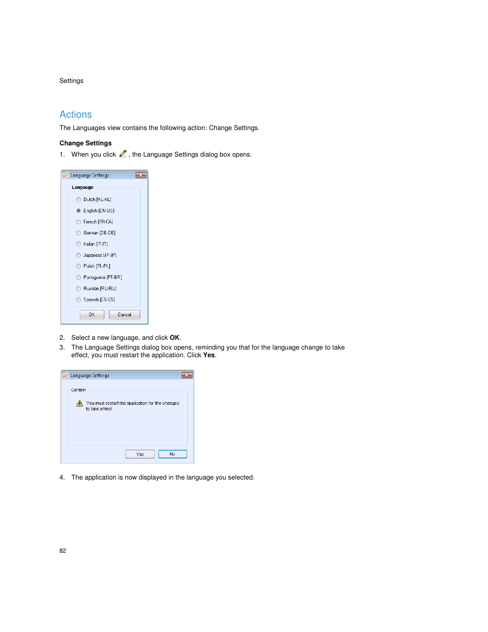 Actions, Change settings, Select a new language, and click ok | Updates | Dell Print Page Services User Manual | Page 86 / 92