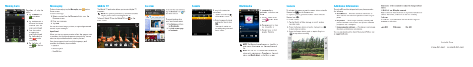 Multimedia, Search, Browser | Mobile tv, Making calls, Messaging, Camera, Additional information | Dell Mini 3v User Manual | Page 2 / 2