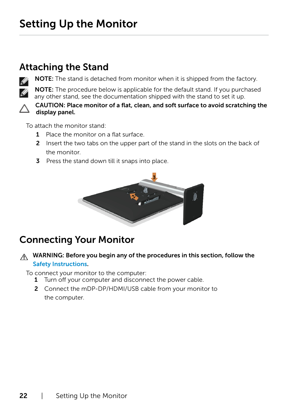 Setting up the monitor, Attaching the stand, Connecting your monitor | Dell P2415Q Monitor User Manual | Page 22 / 51